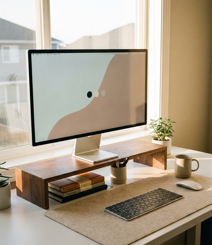 A monitor resting on a riser at arm's length above a keyboard on a wooden desk